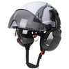 Carbon Fiber Safety Helmet W/ Visor Built-In Goggles Carbon Fiber Earmuff ABS Industrial Hard Hat ANSI Climb Head Protection Cap